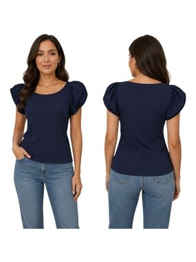 SHEIN Navy Puff Sleeve Scoop Neck Tee